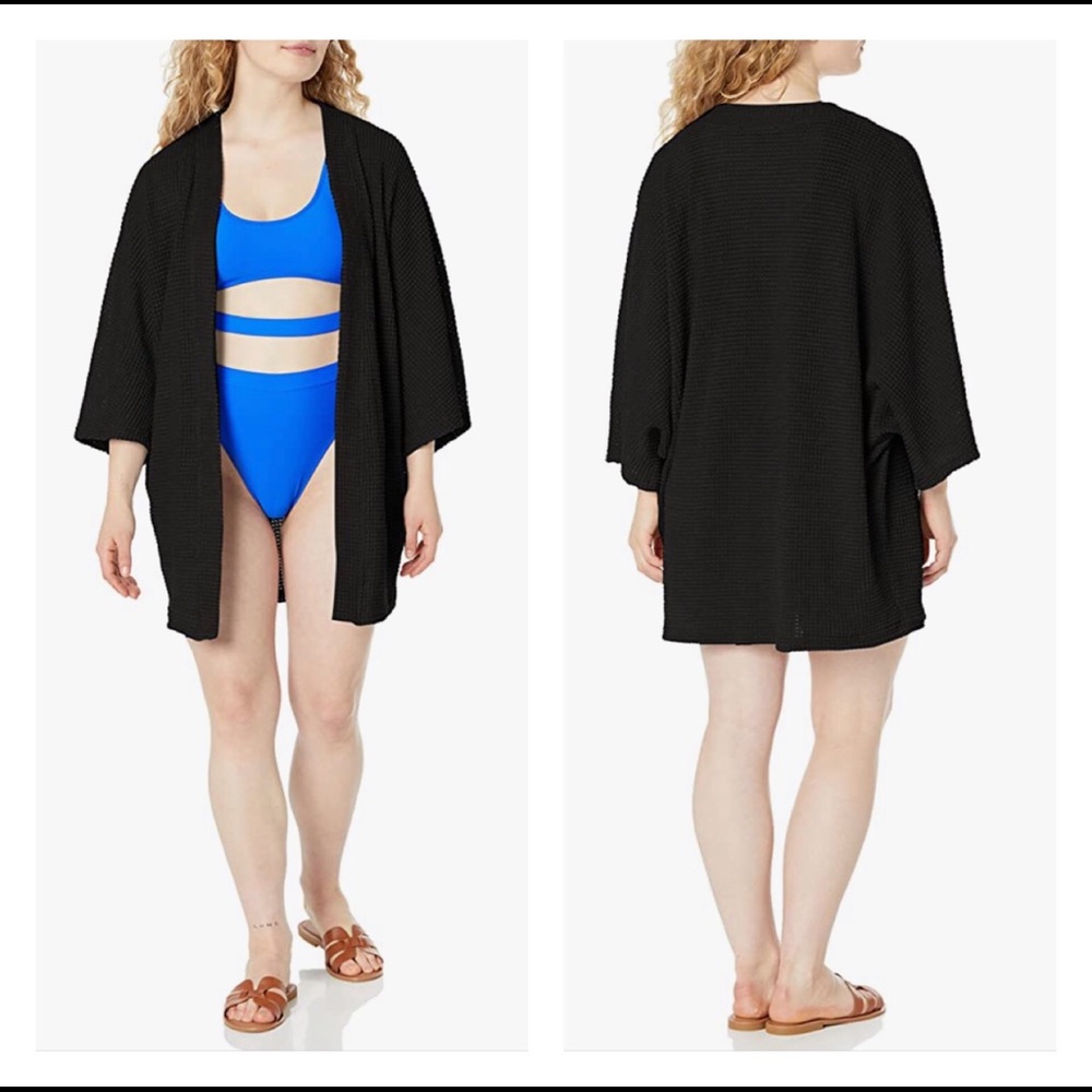 Lightweight Kimono Cardigan Loose Waffle Knit 3/4 Batwing Sleeve Beach Cover Up